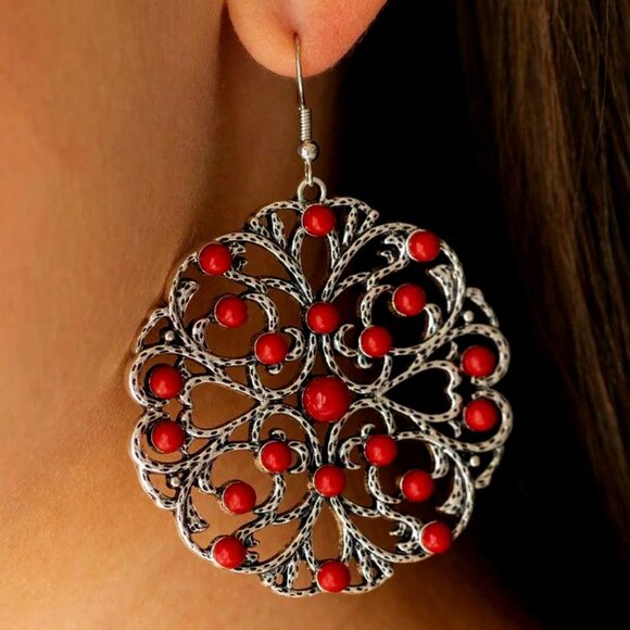 Dainty Red Bead Earrings | Shimmering Silver Filigree | Whimsical Design - Picture 2 of 4